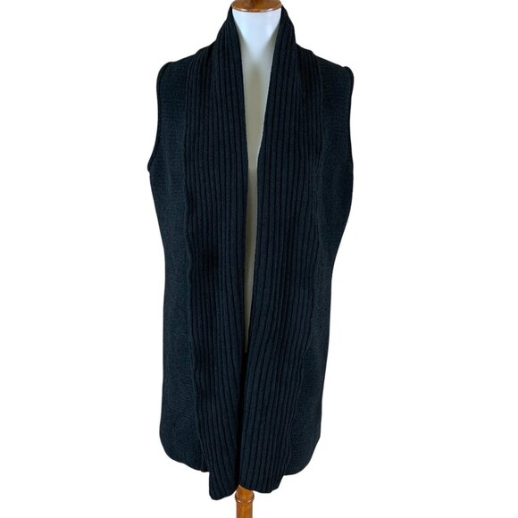 Natori Black Ribbed Knit Open Front Sleeveless Duster Cardigan Medium Soft Cozy - Picture 1 of 5